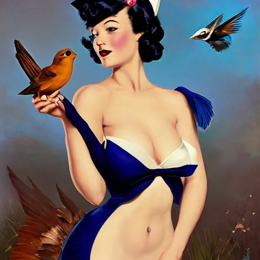 Image similar to pinup girl holding an indigo bunting, bird, the bird is wearing a bowtie, by greg rutkowski, rossdraws, gil elvgren, enoch bolles, anime, porcelain skin, very coherent