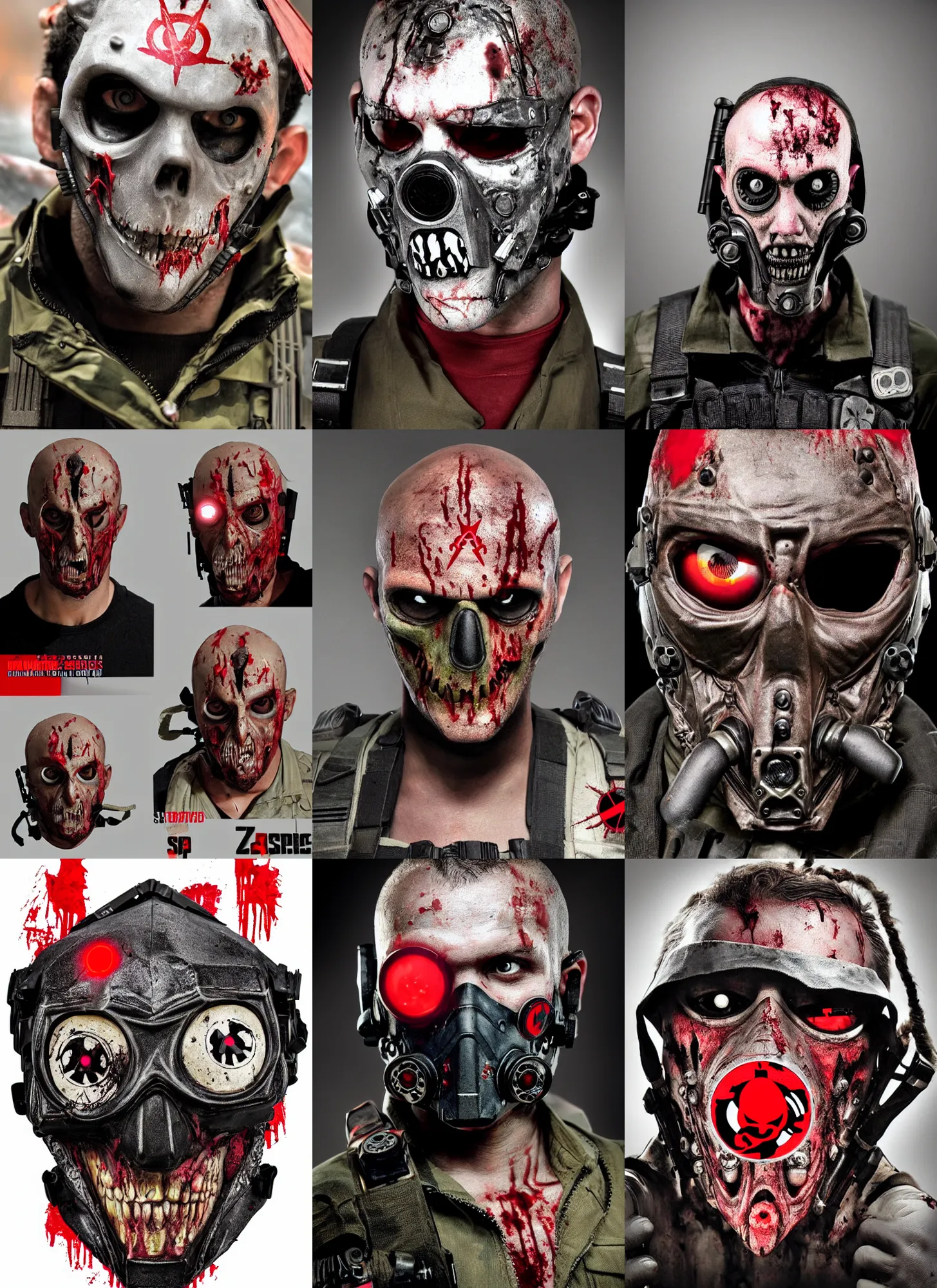 Prompt: zombie spec - ops head with mask, umbrella corporation logo on forehead, special forces, dark design, professional photo, intricate details