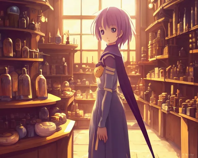 Image similar to anime visual, portrait of a young female knight in a alchemist's shop interior buying potions, cute face by yoh yoshinari, katsura masakazu, cinematic luts, cold studio lighting, dynamic pose, dynamic perspective, strong silhouette, anime cels, ilya kuvshinov, cel shaded, crisp and sharp, rounded eyes