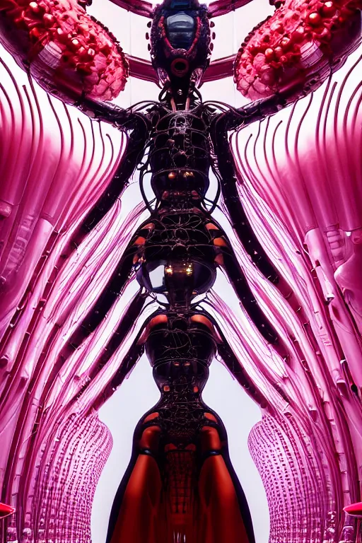 Image similar to background space station, red baroque inflateble dress iris van herpen positing on floor, helmet instead of a head, perfect symmetrical, full body shot, inflateble shapes, wires, tubes, veins, jellyfish, white biomechanical details, wearing epic bionic implants, masterpiece, intricate, biopunk, vogue, highly detailed, artstation, concept art