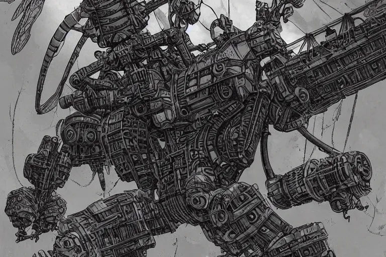 Image similar to dieselpunk mechs in shape of dragonfly that look like Dragonfly, inside an gigantic underground concrete doom hangar, interior structure, drains, storm drains, jungle, vines, algea, cables, panels, walls, ceiling, floor, doors, brutalist architecture, intricate ink drawing, highly detailed in the style of Ashley Wood, moebius and Tsutomu Nihei, photorealistic, cinematic, intricate detail, well lit,