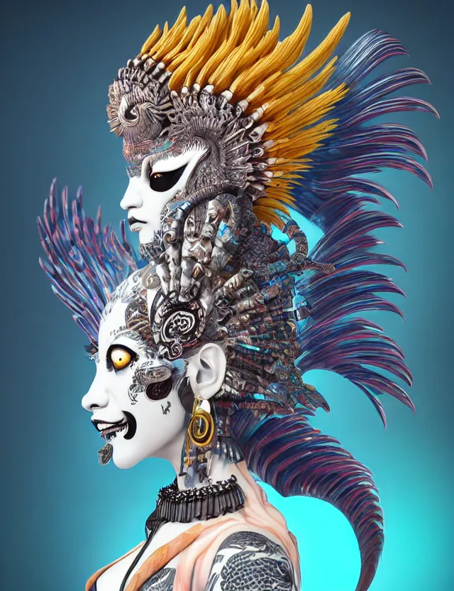 Image similar to 3 d goddess close - up profile portrait punk with mohawk with ram skull. beautiful intricately detailed japanese crow kitsune mask and clasical japanese kimono. betta fish, jellyfish phoenix, bio luminescent, plasma, ice, water, wind, creature, artwork by tooth wu and wlop and beeple and greg rutkowski