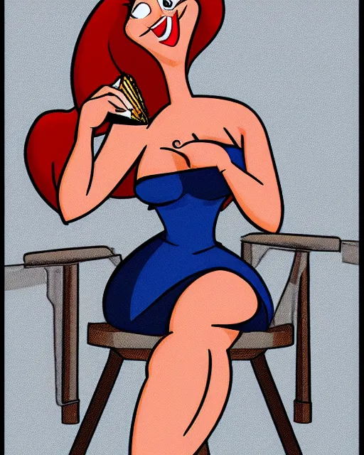 Prompt: Jessica Rabbit eating a bag of Doritos, sitting on a chair, Who Framed Roger Rabbit 2D animation still