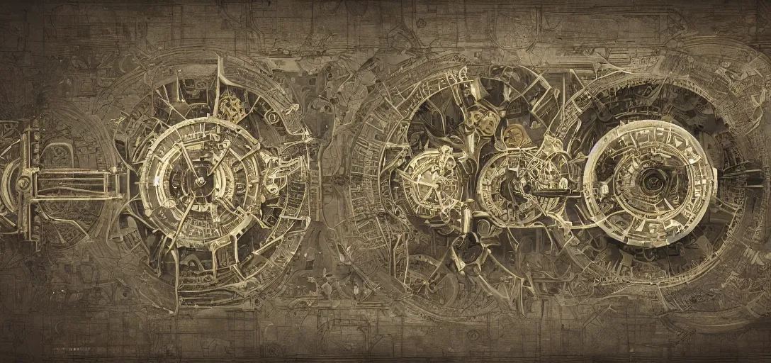 Image similar to symmetrical steampunk blueprint of a Perpetuum mobile, marginalia, symmetry, intricate Details, raphael lacoste, eddie mendoza, alex ross, concept art, matte painting, highly detailed, rule of thirds, dynamic lighting, cinematic, detailed, denoised, centerd, clean render