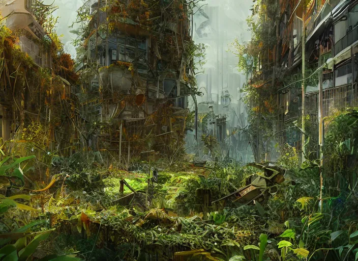 Image similar to overgrown foliage overtaking tall destroyed buildings, biopunk, scenery, professional, award - winning, trending on artstation, detailed, realistic, beautiful, emotional, shiny, golden, picture