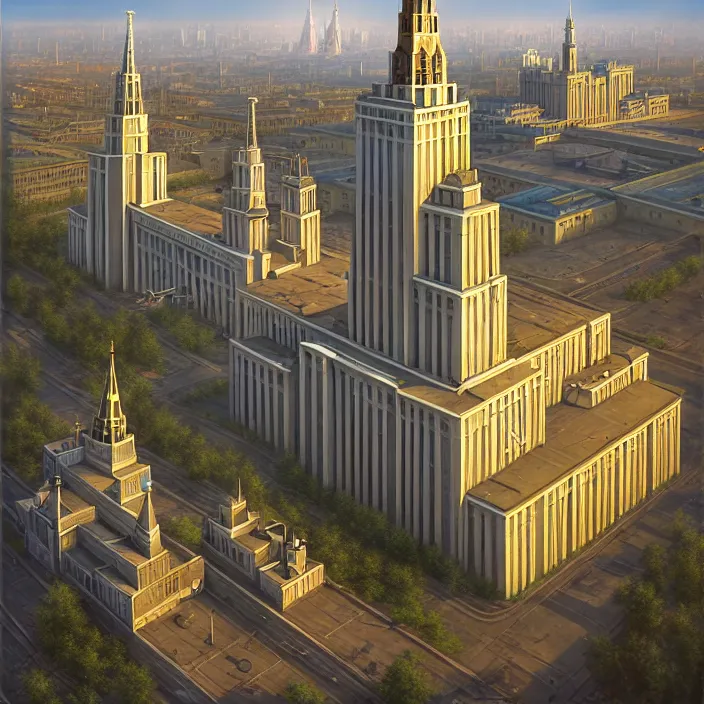 Prompt: matte painting of a moscow state university building, masterpiece, cinematic, hyperdetailed, photorealistic, hyperrealism, octane render, depth of field, bokeh, architecture, aerial view, art by tom bagshaw, geof darrow, james gurney, filip hodas