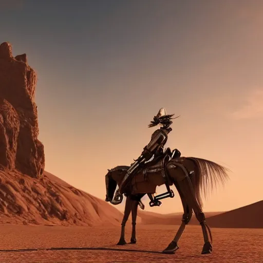 Prompt: A humanoid robot wearing a cowboy outfit, it is riding a horse made of scrap metal, they are in a golden-brown desert, the sun is setting, 8k, detailed, realistic, unreal engine
