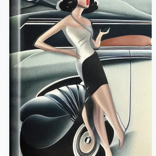 Image similar to art deco lady by the car city scenic, detailed, photorealistic