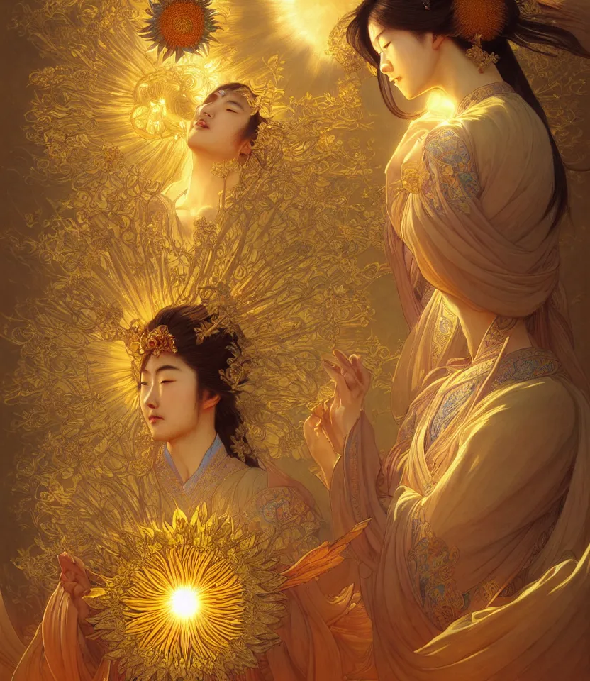 Prompt: sacred sunflowers, chinese goddess, emiting mystical light, intricate, elegant, highly detailed, my rendition, digital painting, artstation, concept art, smooth, sharp focus, radiant light, illustration, art by artgerm and greg rutkowski and alphonse mucha