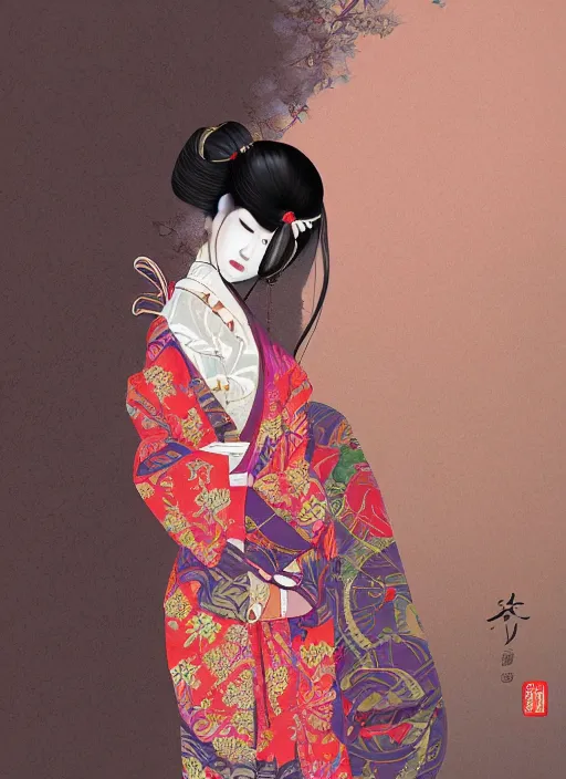 Prompt: female geisha girl, beautiful face, rule of thirds, intricate outfit, spotlight, colourful, by leng jun, digital painting