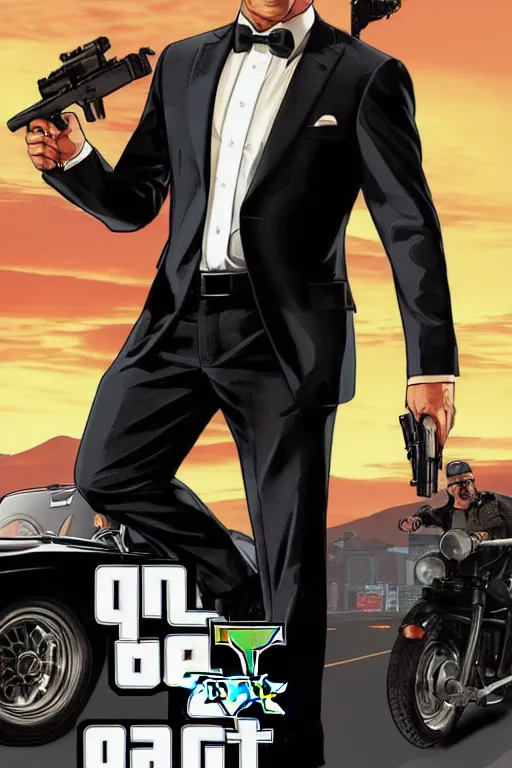 Image similar to GTA V cover art based on James Bond, starring 007 James Bond