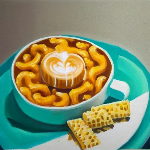 Image similar to a painting of a living box of KD mac and cheese holding a cup of coffee