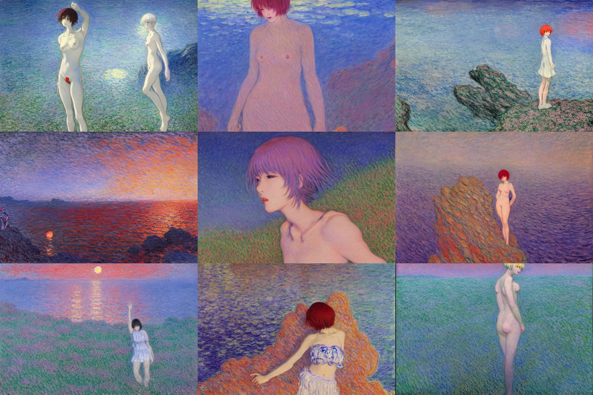 Prompt: Rei Ayanami in a rocky landscape at night. the sea is dark red. bright moon in the sky, moonlight, Yoshitaka Amano, beautiful painting by claude monet, highly detailed textured, pastel colours 8k