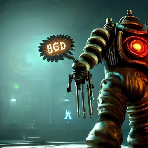 Image similar to isaac clarke as a bioshock big daddy, unreal engine 5, bioshock deadspace, high detail 3 d render,