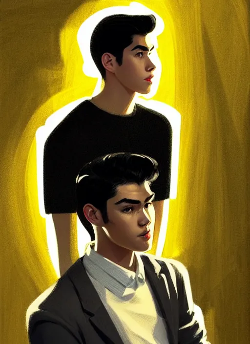 Image similar to portrait of young reggie mantle, mean smirk, egotistical, slicked back hair, striped yellow and black sweater, 1 9 5 0 s, intricate, elegant, glowing lights, highly detailed, digital painting, artstation, concept art, smooth, sharp focus, illustration, art by wlop, mars ravelo and greg rutkowski