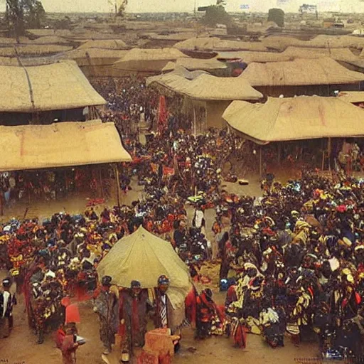 Image similar to dahomey officials with flat colorful umbrellas gather for the xwetanu in ahomey's huge main square, from above, 1905, highly detailed, oil on canvas, by ilya repin