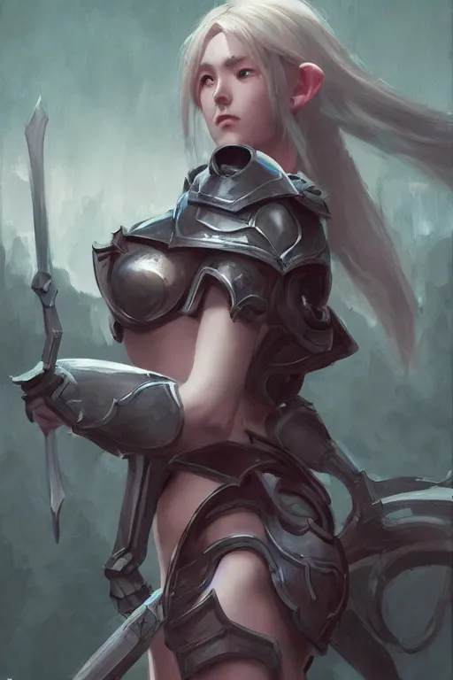 Prompt: rpg character art of an elf woman, realistic heavy knight armor, half body shot, gorgeous face, by jeremy lipking, by studio ghibli, by disney, video game fanart, digital art