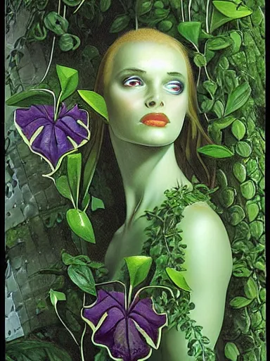 Prompt: The Hanging-Gardens of Pareidolia, lobelia, ivy, verbena and pothos growing facial features and optical-illusions, aesthetic!!!!!!!!!!!!!!!!!, by Chris Tulloch McCabe in the style of Gerald Brom,