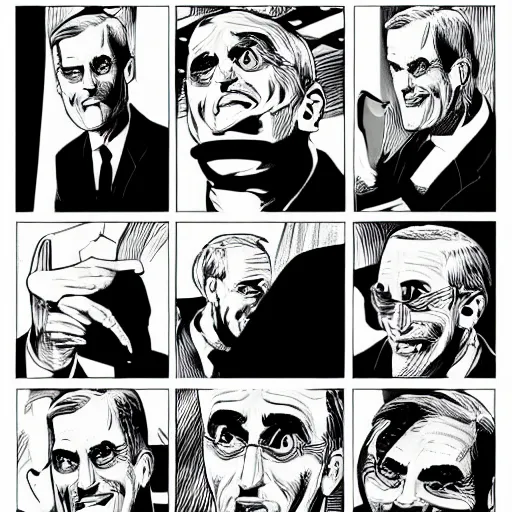 Image similar to graphic novel illustration of secretary of denis mcdonough, glowing eyes, evil laugh, menacing, villain, clean lines, trending on artstation