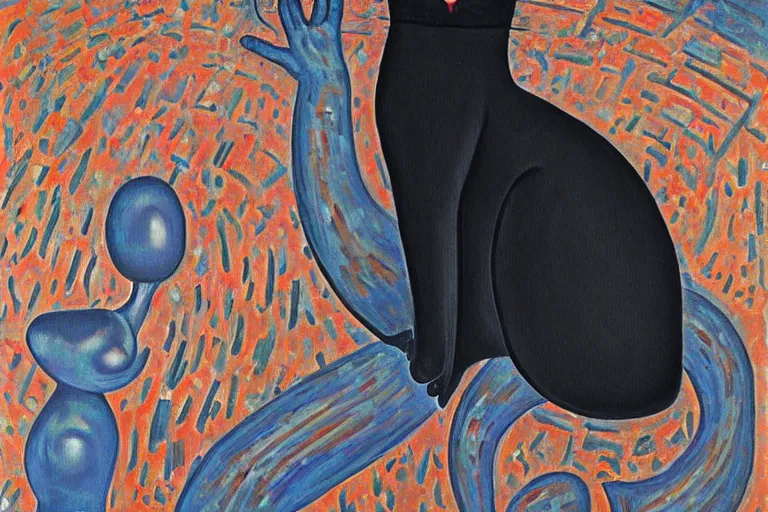 Image similar to black cat on the roof of reality by modigliani, by alex grey, minimal, stunning