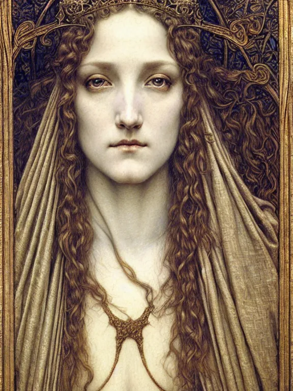 Image similar to detailed realistic beautiful young medieval queen face portrait by jean delville, gustave dore and marco mazzoni, art nouveau, symbolist, visionary, gothic, pre - raphaelite. horizontal symmetry