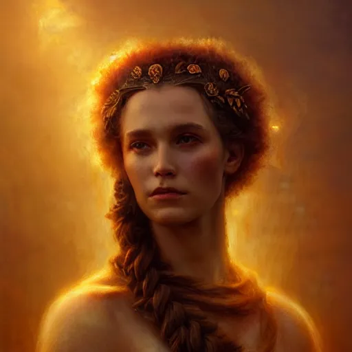 Image similar to majestic gracious regal goddess persephone portrait, ancient greece, elysium, atmospheric lighting, painted, intricate, volumetric lighting, beautiful, rich deep colours masterpiece, golden hour, sharp focus, ultra detailed, by leesha hannigan, ross tran, thierry doizon, kai carpenter, ignacio fernandez rios