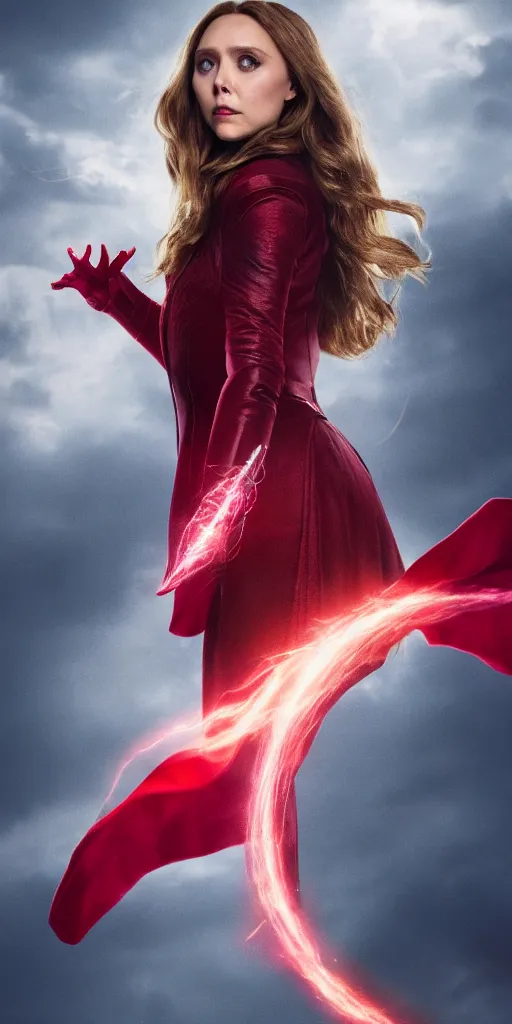 Prompt: Elizabeth Olsen as the Scarlet Witch, floating in the air with red eyes, red magic surrounds her, Trending on arstation, 8k, photorealistic imagery