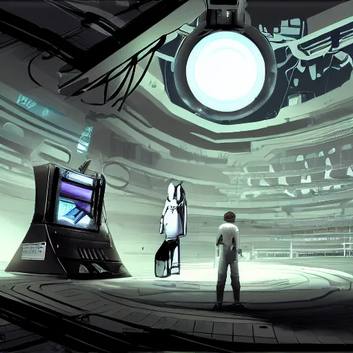 Image similar to scene with glados, from portal videogame, pc, steam, valve, concept art