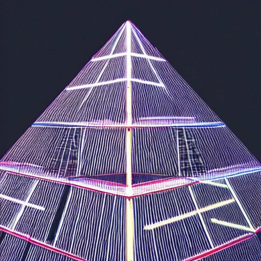 Prompt: a pyramid outlined with whirling neon lines