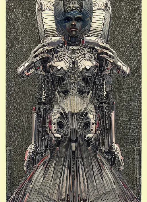 Image similar to 2 d illustration, grained risograph, vintage horror sci - fi portrait of a futuristic silver armored geisha district 9 cyborg, parallax, fractal, intricate, elegant, by jheronimus bosch and moebius, and szukalski