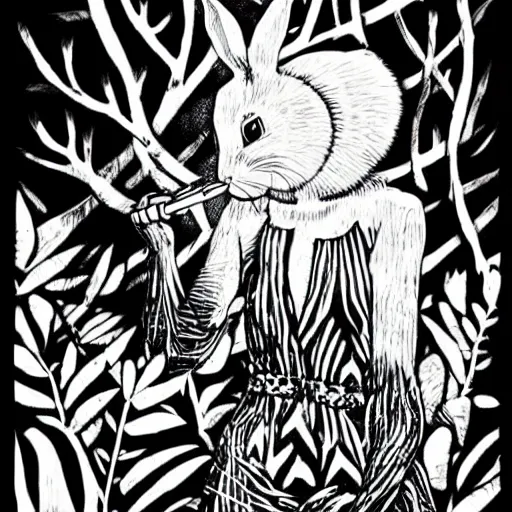 Image similar to an epic profile of a rabbit smoking a cigarette deep in the forest, striking pose, black and white illustration, creative design by junji ito