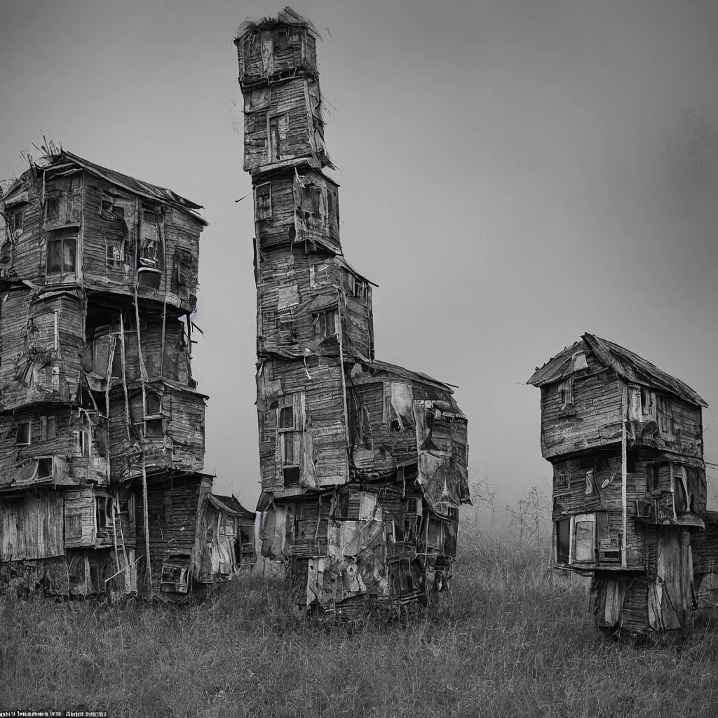 Image similar to two towers, made up of makeshift squatter shacks, misty, dystopia, mamiya rb 6 7, fully frontal view, very detailed, digital glitches, photographed by jeanette hagglund