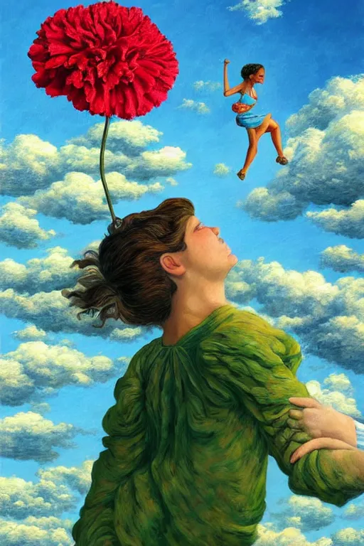 Image similar to closeup, giant carnation flower head, woman falling, surreal, clouds in sky, impressionist painting, digital painting, artstation, rob gonsalves