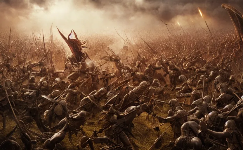 Image similar to realistic photograph of the battle of the pelennor fields, detailed, by erwin olaf, joop geesink, lisa frank, hr giger, beksinski, brian froud, 8 k resolution, beautiful lighting, studio light, extremely detailed, establishing shot, realistic materials, hyperrealistic