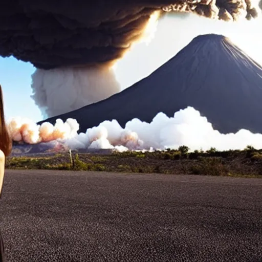 Prompt: Majestic photo of a beautiful! woman wearing a black dress walking towards the camera while a volcano explodes behind her, movie scene, majestic!, amazing!