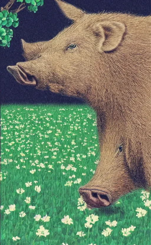 Prompt: by akio watanabe, manga art, a boar relaxing in a field of clovers, realistic animal anatomy, trading card front