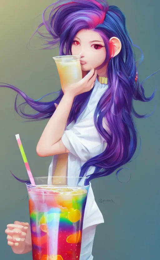 Image similar to a kawaii woman with rainbow hair, happy, summer time, holding boba tea drink, soft eyes and narrow chin, dainty figure, long hair straight down, kawaii shirt and jeans, basic white background, In style of by Jordan Grimmer and greg rutkowski, crisp lines and color