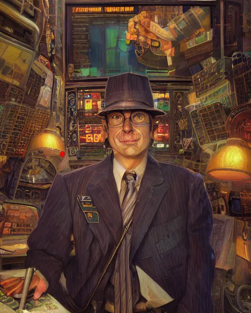 Prompt: beautiful portrait of a trader in the new york stock exchange, by paul lehr and mark kolobaev and artgerm, dieselpunk, realism, highly detailed, intricate, studio ghibli color scheme, masterpiece, portrait, face, handsome