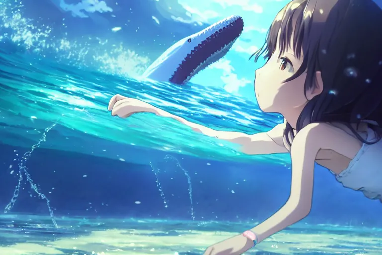 Image similar to a panorama view under the water, anime art full body portrait character concept art, hyper detailed cg rendering of a cute girl and whale, anime key visual of children of the sea, finely detailed perfect face, style of raphael lacoste, makoto shinkai, violet evergarden, studio ghibli, james jean, hayao miyazaki, extremely high quality artwork