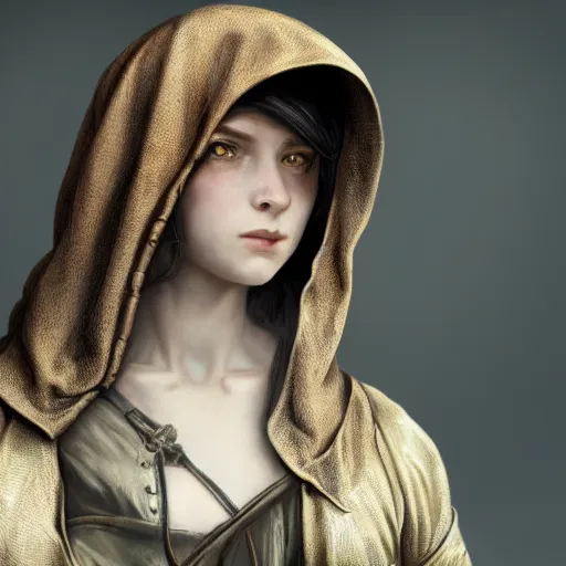 Prompt: portrait of a hooded young female steampunk fighter, headshot, hyper realistic, pale skin, 4k, rule of thirds, extreme detail, detailed drawing, trending artstation, hd, fantasy, D&D, realistic lighting, by Alphonse Mucha, Greg Rutkowski, sharp focus, backlit, elegant