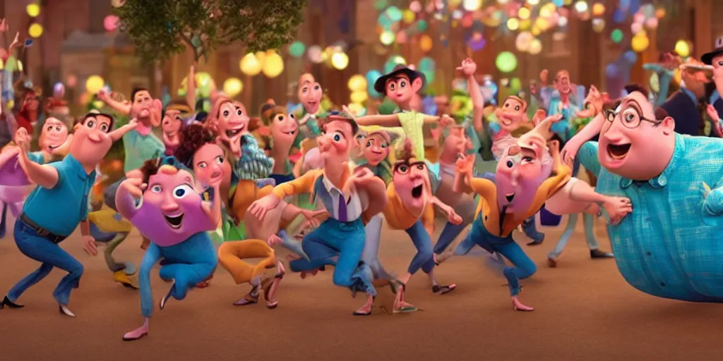 Prompt: full body shot of a bunch of ordinary people dancing expressively dynamically, pixar illumination movie by john lasseter, cinematic wide angle