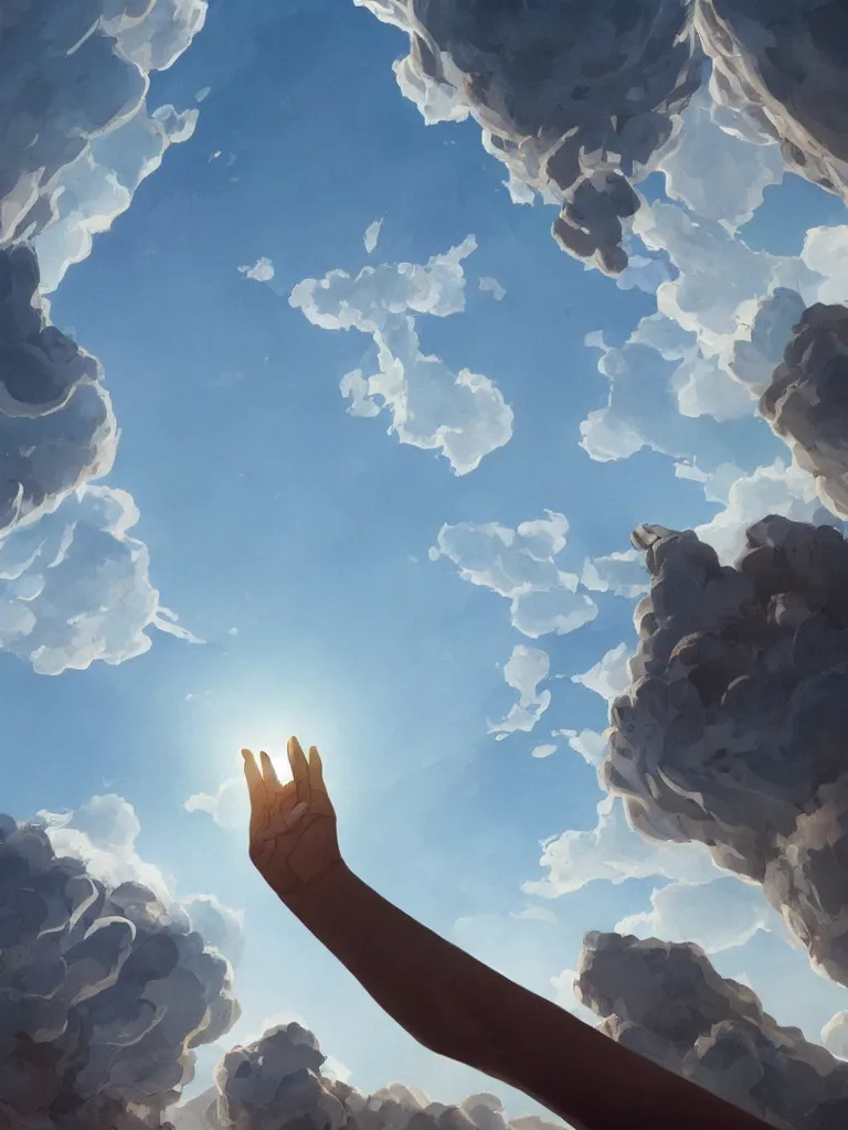 Image similar to raising hands to the sky, by disney concept artists, blunt borders, rule of thirds, beautiful light