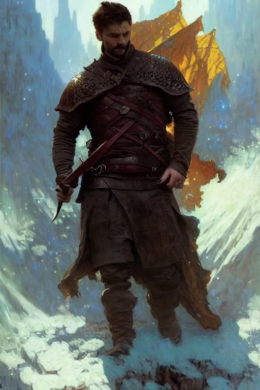 Prompt: attractive man, game of thrones, cool colors, painting by gaston bussiere, craig mullins, greg rutkowski, alphonse mucha