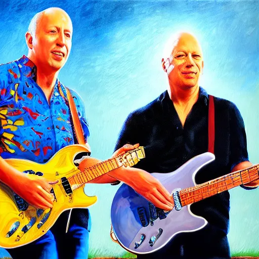 Prompt: portrait of mark knopfler with david gilmour, joyful, highly detailed painting by stephen bliss, boxart, 8 k