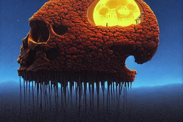 Image similar to a surreal and awe - inspiring science fiction landscape, skull moon in the sky looks like a skull, intricate, elegant, highly detailed colored sketch by beksinski and simon stalenhag