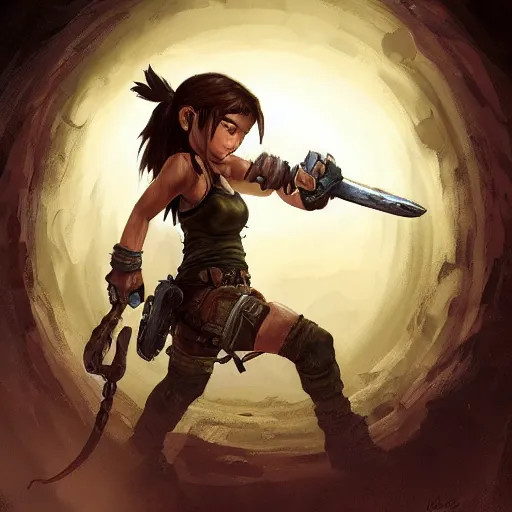 Prompt: concept art of chibi Lara Croft exploring a dark dungeon, Justin Gerard