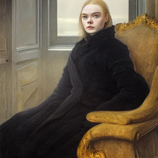 Image similar to Elle Fanning in a black coat, religious masterpiece portrait, oil on canvas, dark stormy night, fire lighting, rainy window, in the world of Andrew Wyeth and Bloodborne, artstation, by J. C. Leyendecker and Peter Paul Rubens,