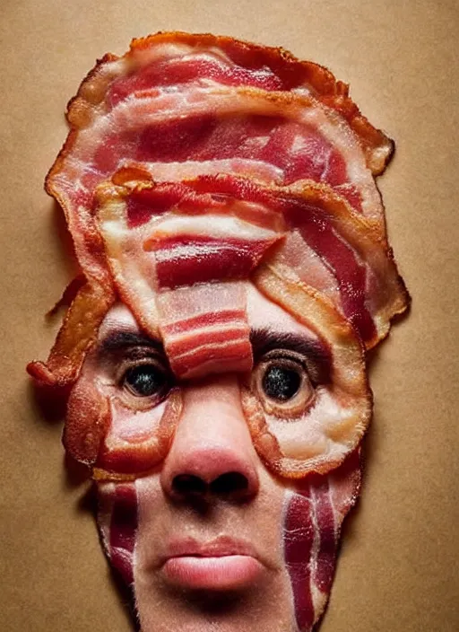 Image similar to bacon in the shape of a human face, human face made out of bacon, kevin bacon made out of bacon, professional food photography, unreal engine