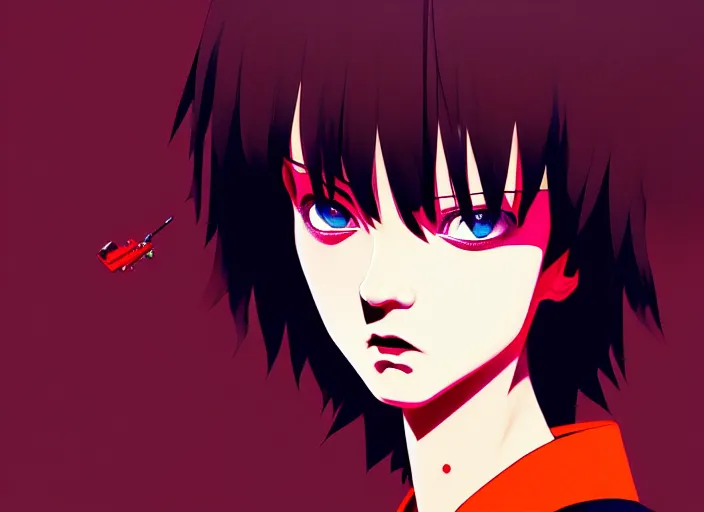 Image similar to editorial illustration by Karolis Strautniekas and Mads Berg, colorful, anime portrait vampire princess miyu, katsuhiro otomo, murata range, haruhiko mikimoto, Ilya kuvshinov,fine texture, smooth cel shading, symmetrical-face, fine details, matte print, film noir, dramatic lighting, dynamic composition, cinematic, film grain, moody, vivid, volumetric,stippled lighting, alphonse mucha face, art deco, smooth light shading, flat