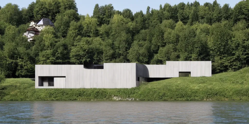 Prompt: a house by the river rhein close to mumpf designed by peter zumthor